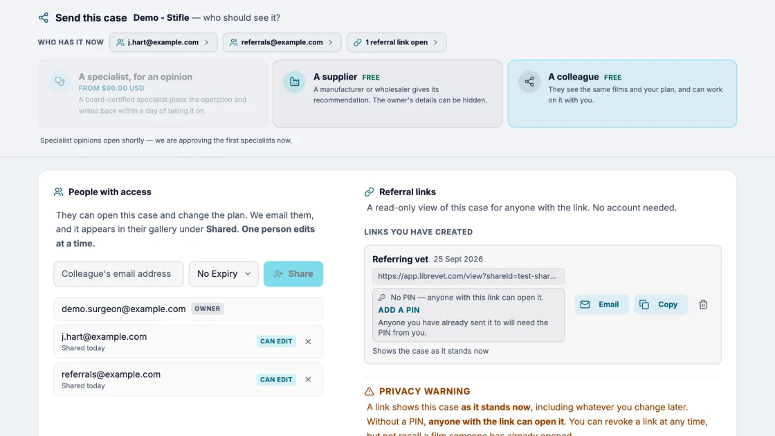 The Send this case page in Librevet: who to send it to along the top — a specialist, a supplier or a colleague — then two colleagues given access by email, and a referral link with the option of adding a PIN, and its privacy warning.