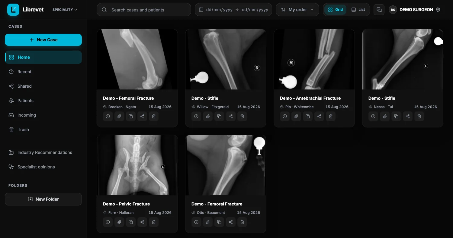 The same gallery in its dark theme, chosen in Settings. The radiograph thumbnails stay black in both, because an X-ray is dark whichever theme is on.