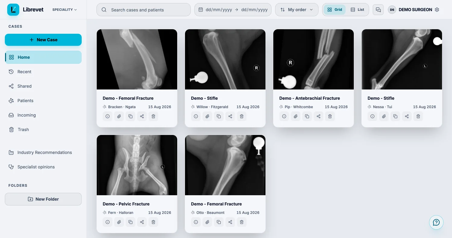 The Librevet case gallery in its light theme, the default: six cases as cards with radiograph thumbnails, each showing the patient and client name and the date.